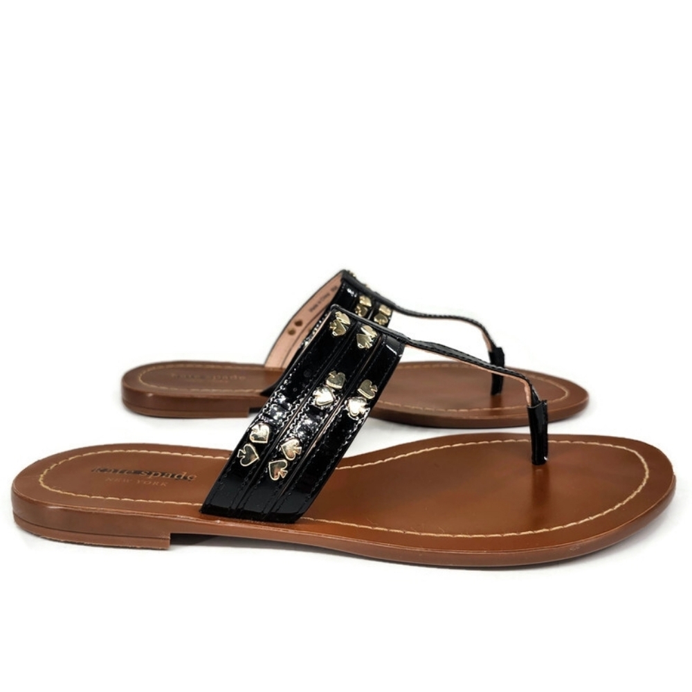 Kate Spade Carol Black Patent Leather Gold Spade Studs Slide-On Thong Sandals - Picture 2 of 11